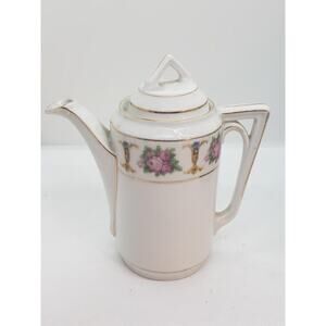 Vintage Porcelain Demitasse Coffee Tea Pot Pink Rose Floral Gold Trim Ornate